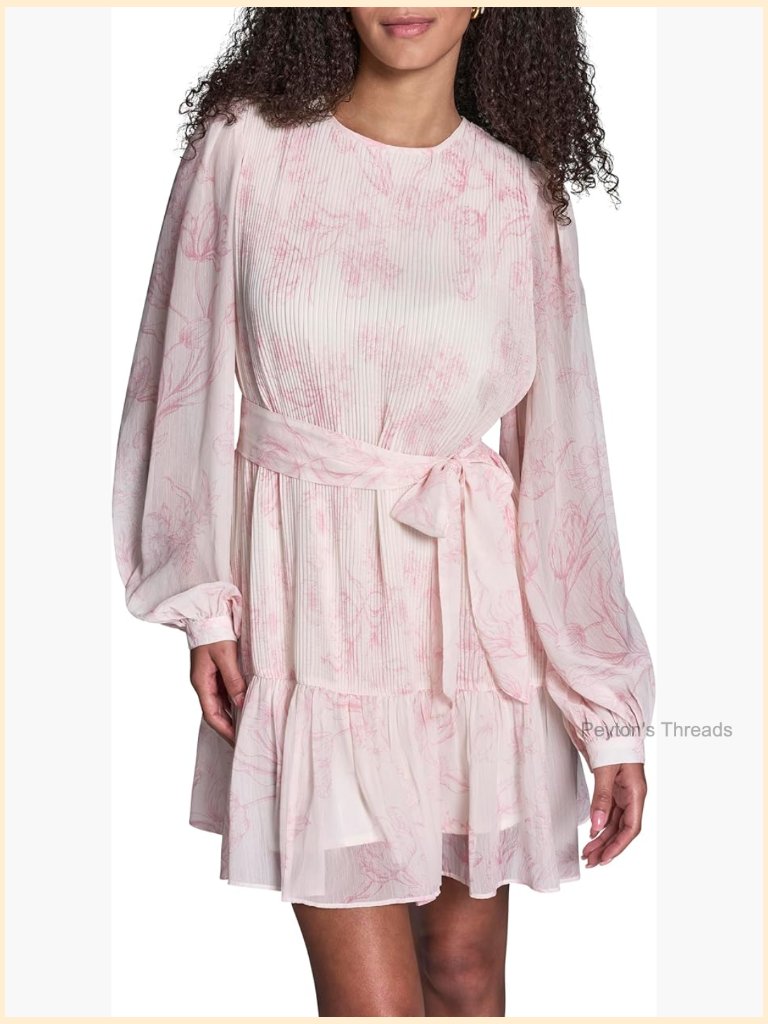 Long Sleeve Self Tie Ruffle Trim Pleated Mini Dress